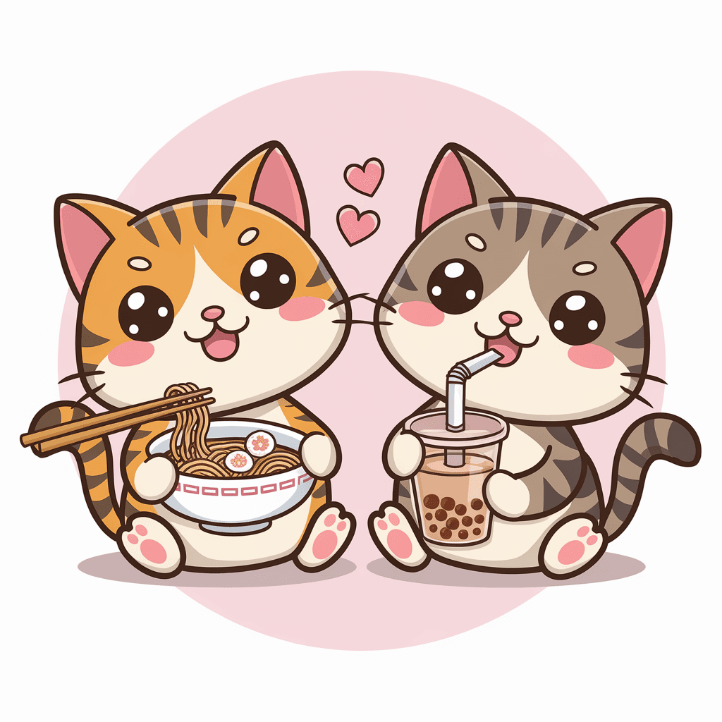 AI generated: reate a high quality image shows two cute, cartoon-style cats sitting side by side. The cat on the l...
