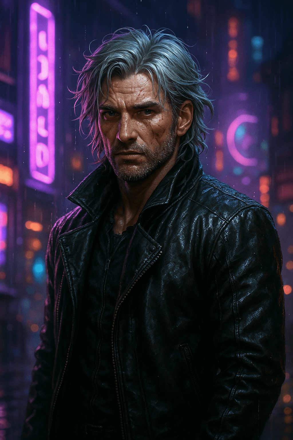 AI generated: Portrait détaillé d'une [personnage] dans un style cyberpunk, portant une [vêtement] de couleur [cou...