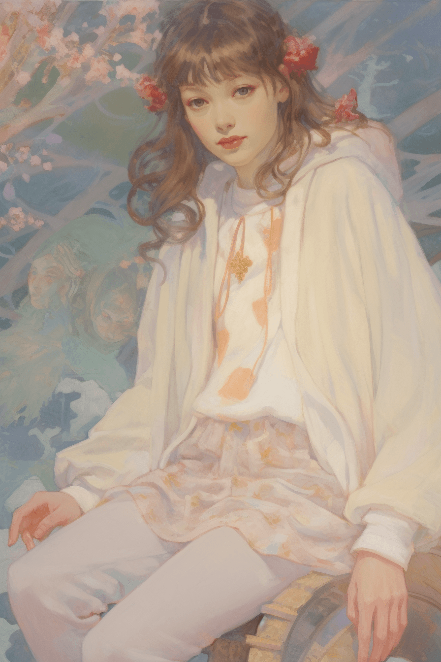 AI generated: grainy painting of a skater girl wearing supreme hoodie, in the style of mucha composition, astral, ...