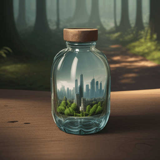 AI generated: A photo with high detail against the background of a forest is a transparent bottle, and in the bott...