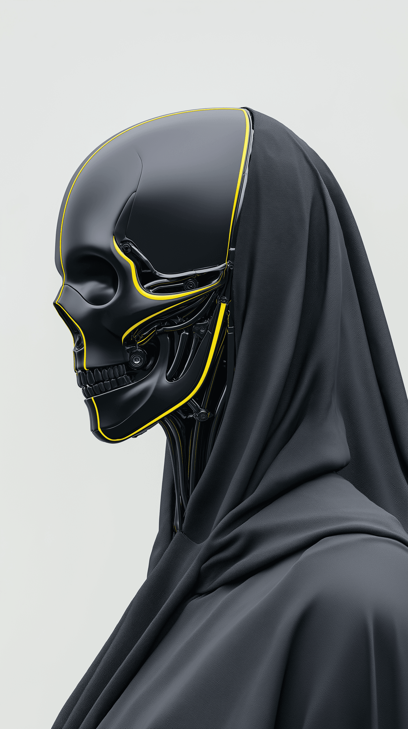 AI generated: realistic render, futuristic figure, cyberpunk, upper-body, matte black metallic skull design cyborg...