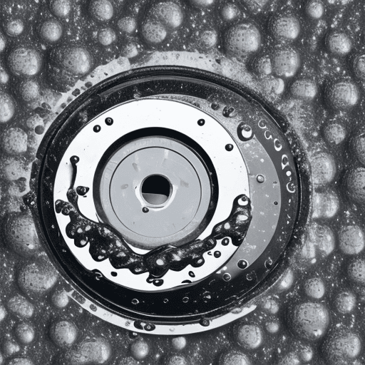 AI generated: Silver Liquid spilled on a black cassette tape. the environment has no gravity so the liquid has a b...