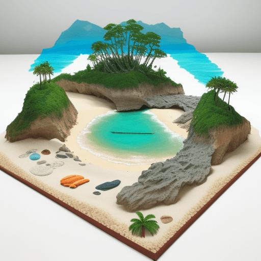 AI generated: Diorama of a natural beach created with pieces of different fabric