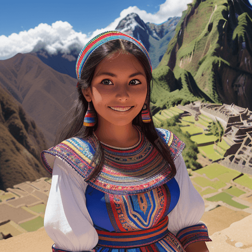 AI generated: a 25-year-old Peruvian woman with a typical dress from Cuzco, big blue eyes and sweet look and smili...