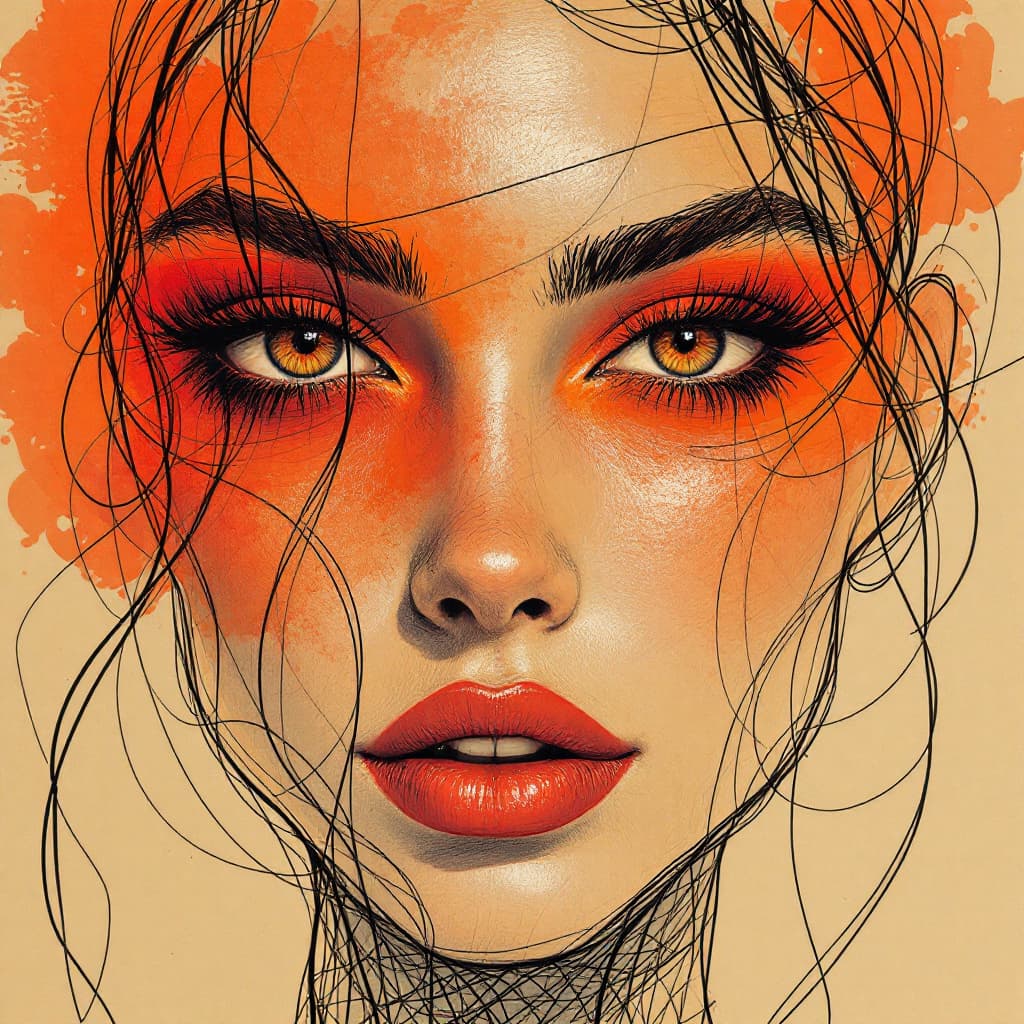 AI generated: a drawing of a woman's face with a red eyeshadow, in the style of bold colorful lines, dark beige an...