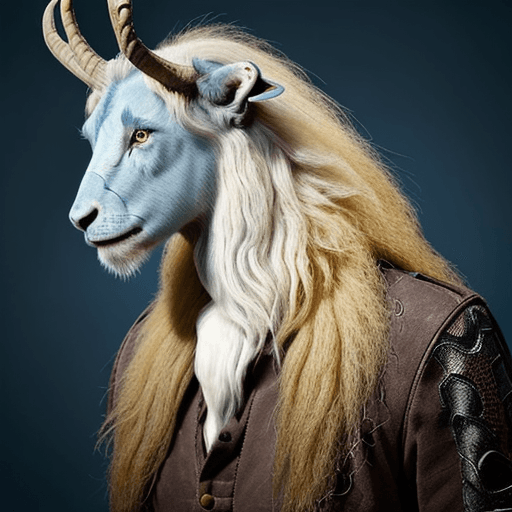 AI generated: He is NOT a human, he is dragon like. His head is horse-like. He has a deer antler on the right, a b...