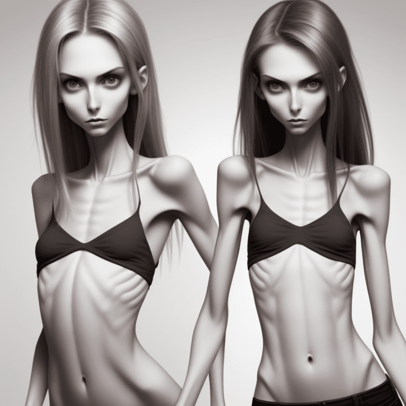 AI generated: extreme beautiful skinny face of skinny (almost anorexic) girl with a very thin belly