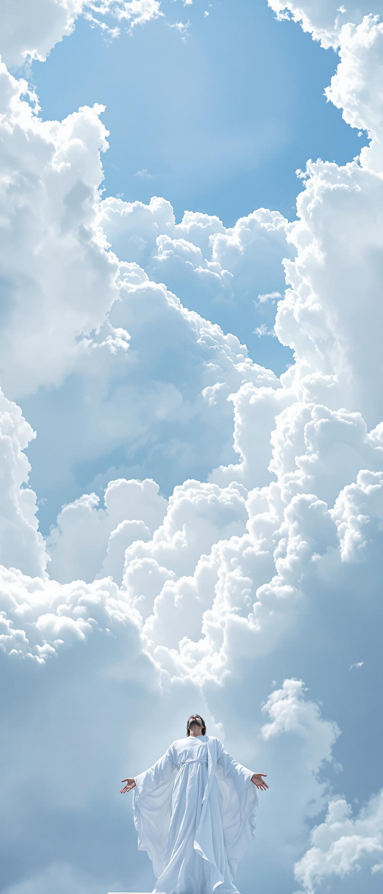 AI generated: heaven, brilliant white clouds against a light blue sky with  a single powerful male large angel wit...