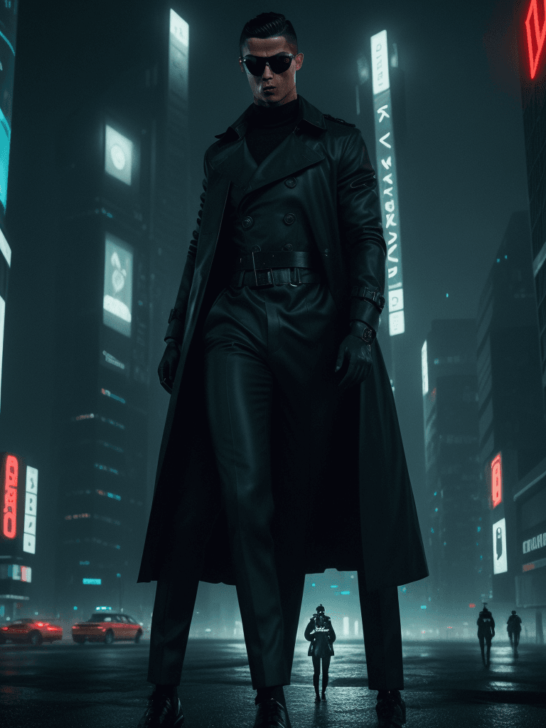 AI generated: Cimematic shot, Cristiano Ronaldo as  detective, wearing a futuristic trench coat and augmented real...