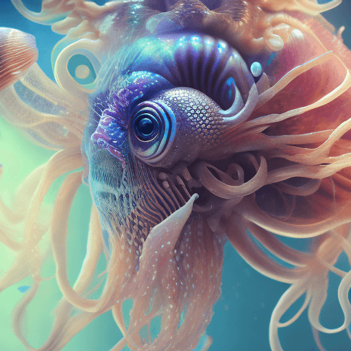 AI generated: Goddess close-up portrait ribcagel. jellyfish phoenix head, nautilus, orchid, skull, betta fish, bio...