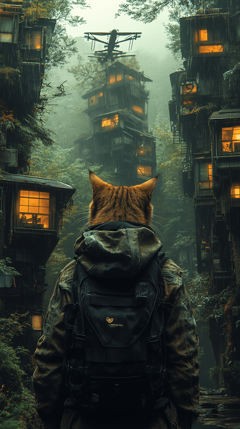 AI generated: In the heart of a foggy woodland, a cat stands with its back to us, rain tapping softly on the leave...