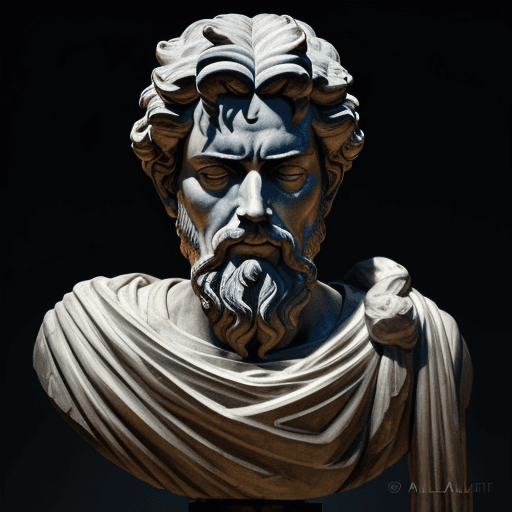 AI generated: portrait of the philosopher Marcus Aurelius statue, intricate action pose, Dark Background , ancient...