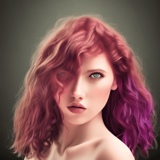 AI generated: red hair, purple eyes, curly hair, girl, european face, green dress, realistic art