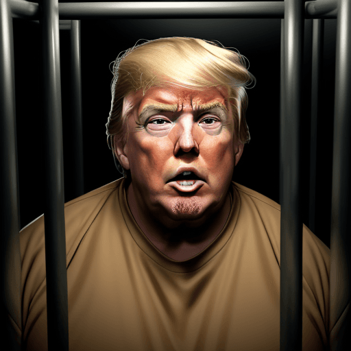 AI generated: photo of donald trump behind prison bars crying like a baby, large black man as his prison cell mate