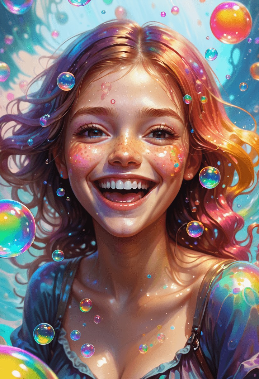 AI generated: a girl, laughing, surrounded by  colorful water bubbles