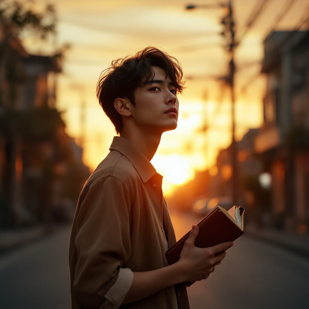 AI generated: A contemplative Asian male idol, bathed in the warm, golden light of sunset, stands alone on a deser...