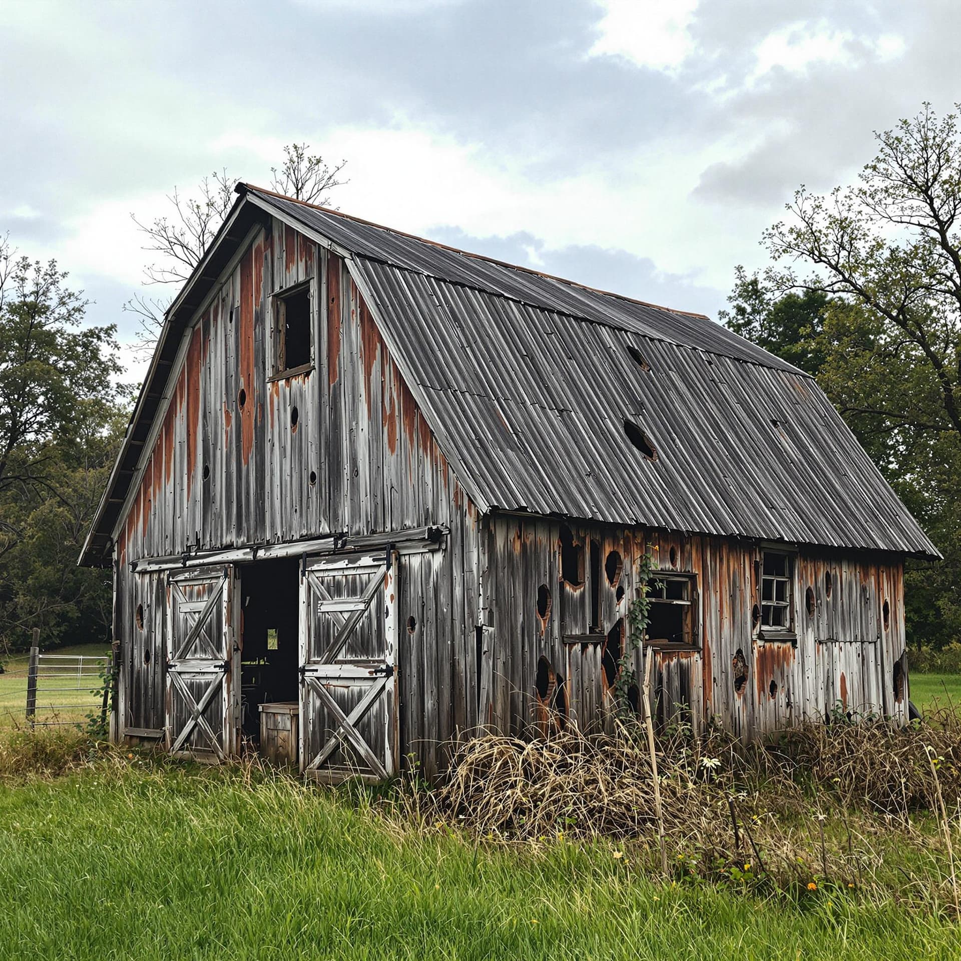 AI generated: In the photo in the countryside there are barns and barns with rickety walls and holes in the roofs
...