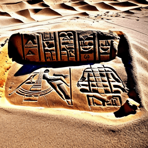 AI generated: An ancient, grey clay tablet inscribed with mysterious hieroglyphs and cuneiform laying half buried ...