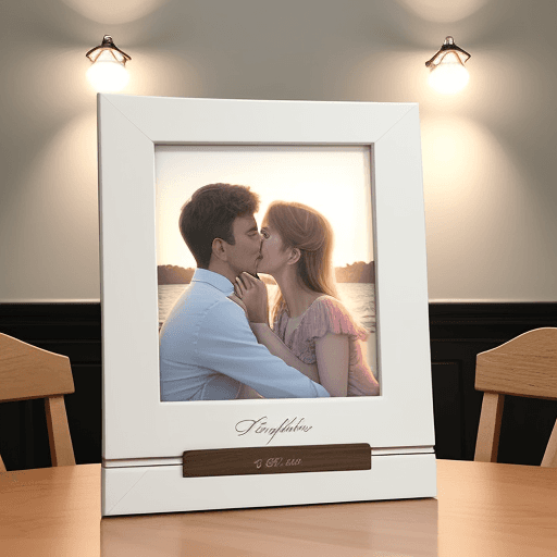 AI generated: 5x7 photo frames are placed on the delicate dining table. Inside the photo frame is a sweet moment b...