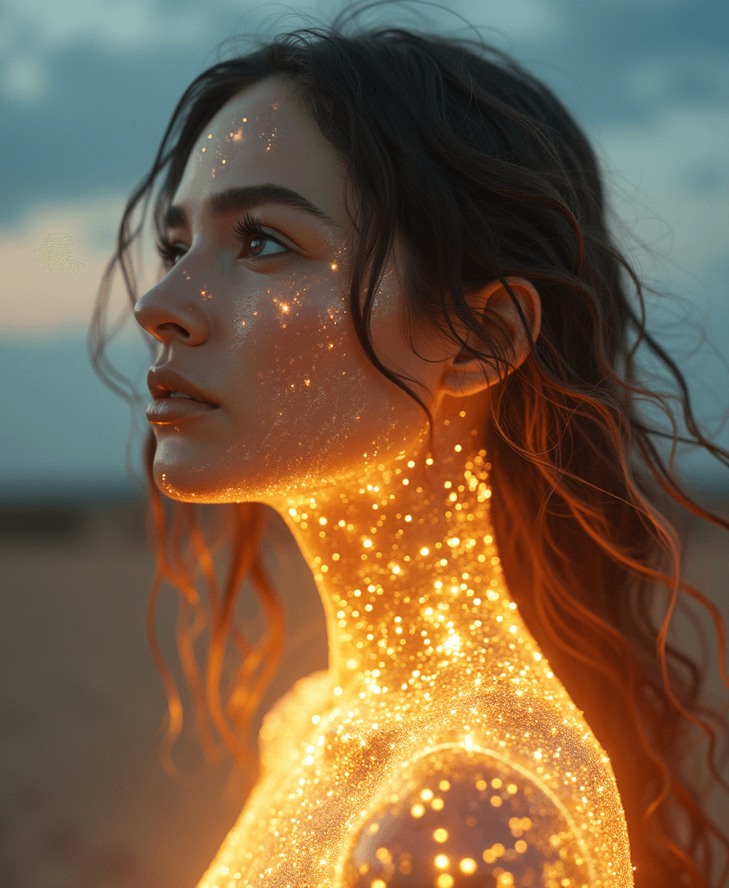 AI generated: A photorealistic 4K image of a woman with transparent, crystal-like skin, glowing from within with a...