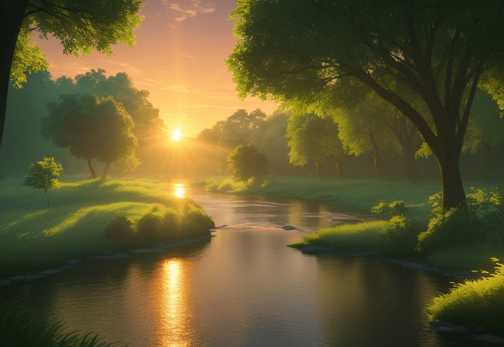 AI generated: Beautiful Sunrise over the river surrounded by green trees, stylized volumetric lighting, 4k beautif...