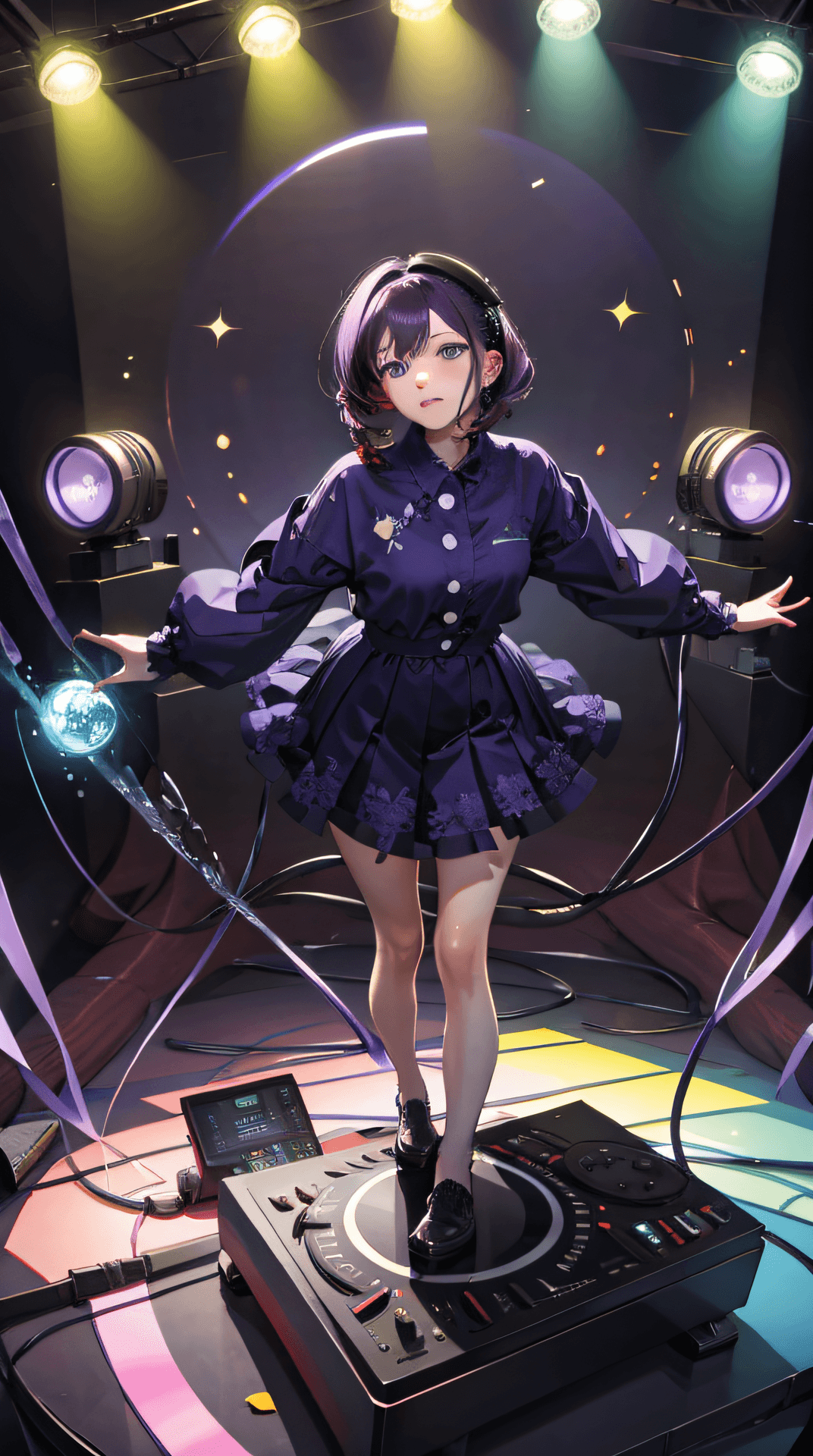AI generated: ((best quality)), ((masterpiece)), intricate details, dj, disco, lights, xyzdiscboom, game, purple t...