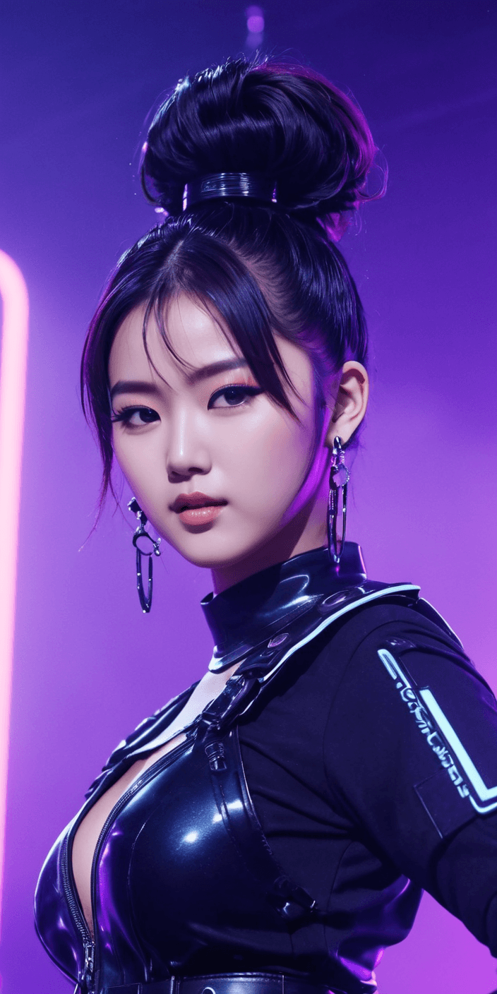 AI generated: neonpunk style 20-year-old Japanese pop idol, on stage, lively dance, singing, cute appearance, ener...