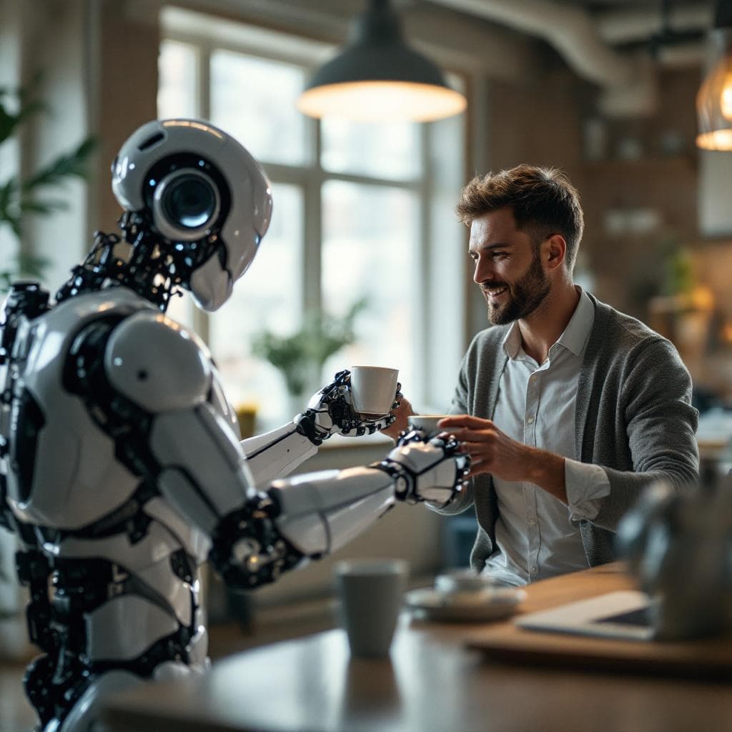 AI generated: POV shot of the robot. Passing coffee to a father working on a laptop