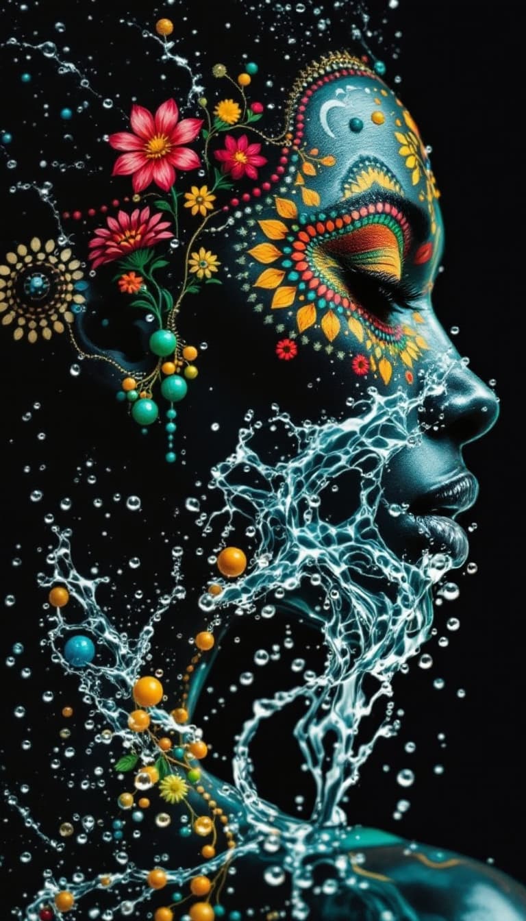 AI generated: colourful-water-drop-splash-black woman-tribal-african-baroque-leonardo-da-vinci-motif-africa-421304...