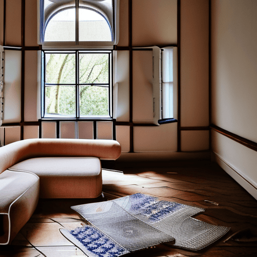 AI generated: High resolution photography interior design, dreamy sunken living room conversation pit, wooden floo...