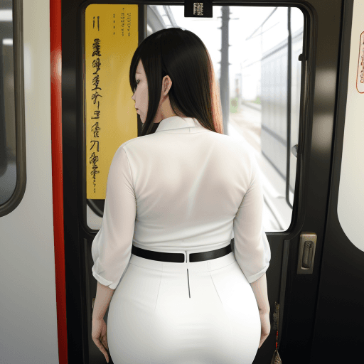 AI generated: stop in front of a modern japanese train door (milf mother, plump body, japaneses, long pencil white...