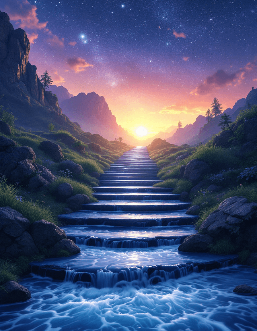 AI generated: A stairway of flowing water, realistic, dusk, starry sky, HD, fantasy