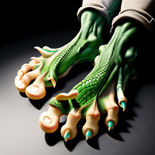 AI generated: a human foot similar to a dinosaur's foot with reptile claws instead of human nails