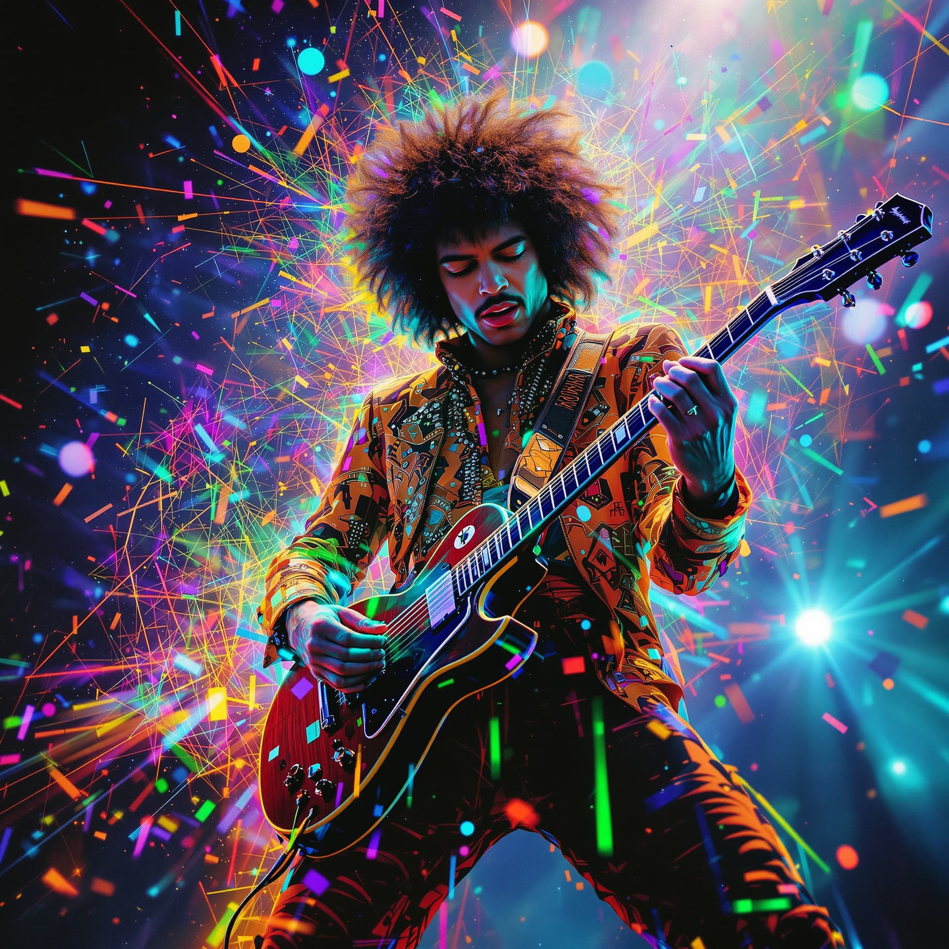 AI generated:  Jimmy Hendrix and the Rolling Stones, cybernetic musicians creating hypnotic tunes, light leaks, ep...