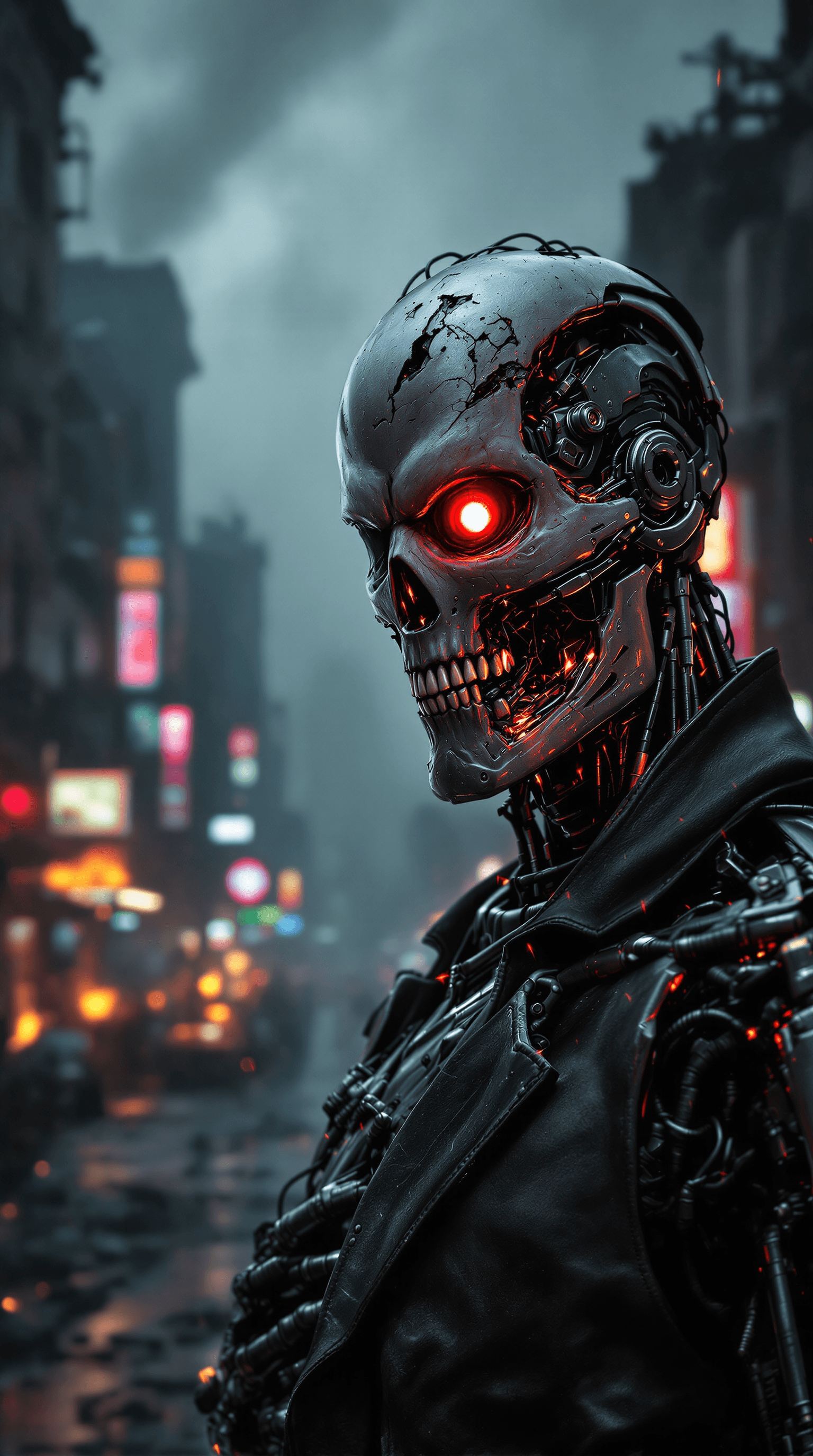 AI generated: A **battle-worn T-800 Terminator** stands **menacingly in a dark, smoke-filled urban warzone**, illu...