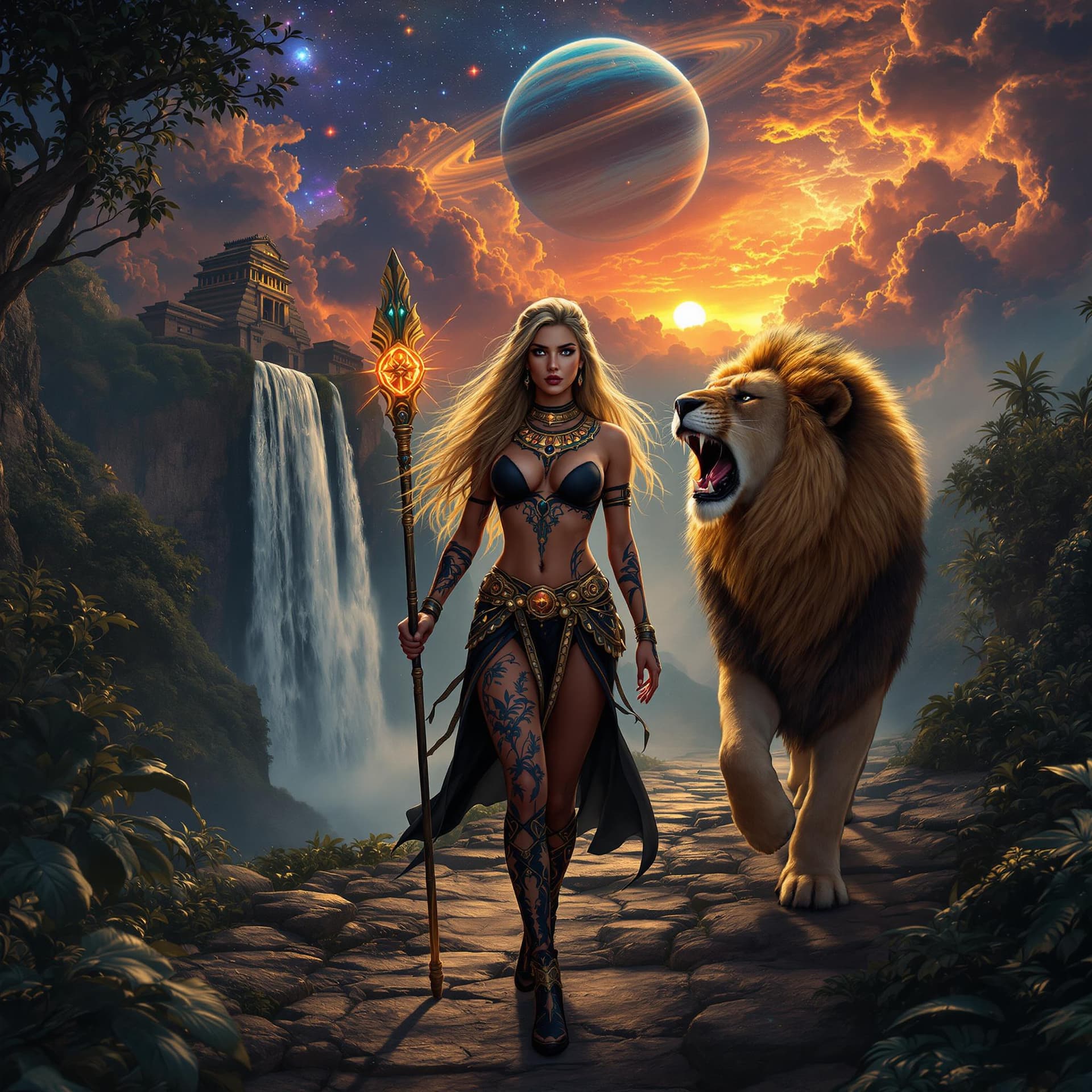 AI generated: Hyper realistic, photo realism, zoomed out full body HD Photo of beautiful, Amazon warrior queen wal...