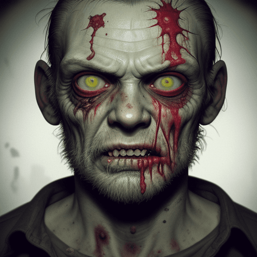 AI generated: cinematic still portrait, filmed by George A. Romero, withiut nose, hiper realistic deranged zombie ...