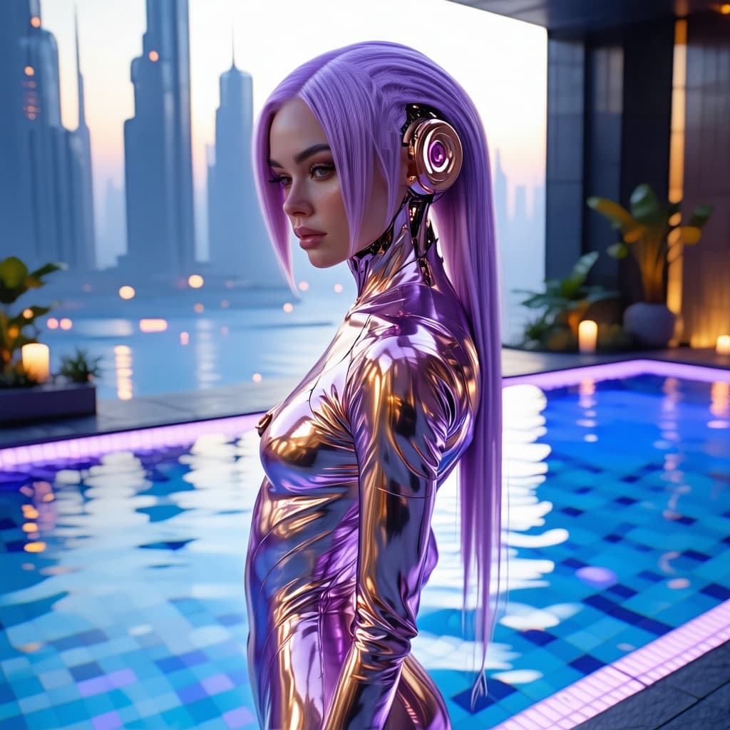 AI generated: A cyberpunk-inspired woman with lavender hair wearing a metallic rose-gold bodysuit, futuristic desi...