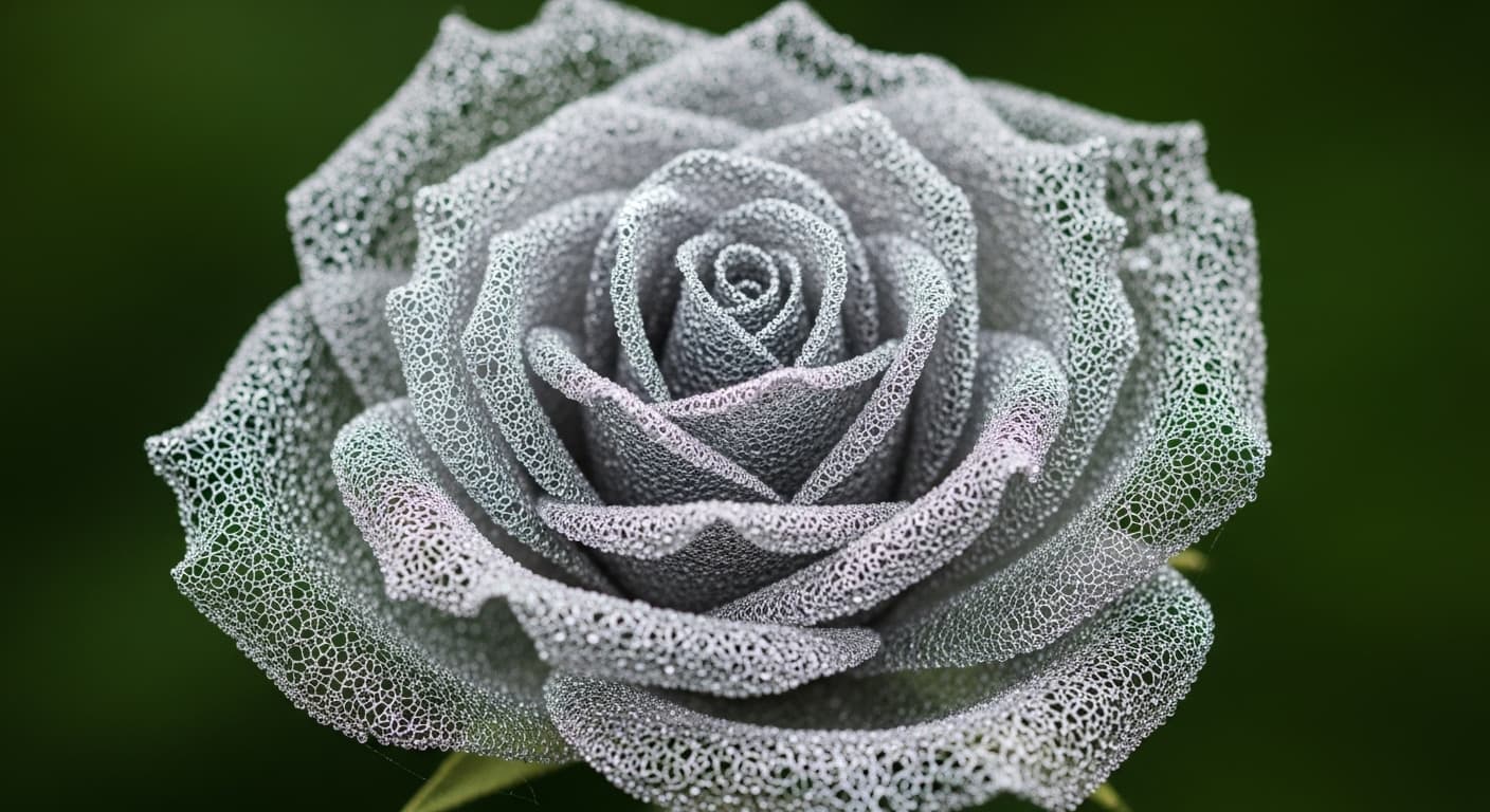 AI generated: A delicate and intricate rose, sculpted from a fine silver spiderweb. Each petal is perfectly formed...
