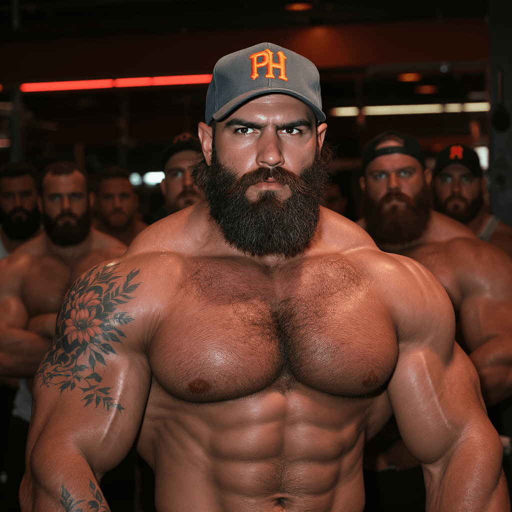 AI generated: "A muscular, hairy man with an intense and confident expression, featuring deep-set brown eyes, a st...
