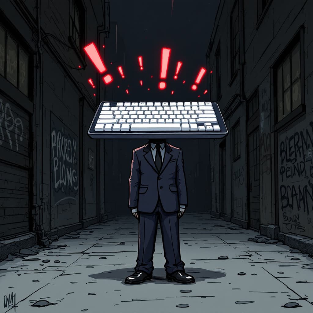 AI generated: a humanoid figure in a full-length formal suit, with curved shoulders and a computer keyboard floati...
