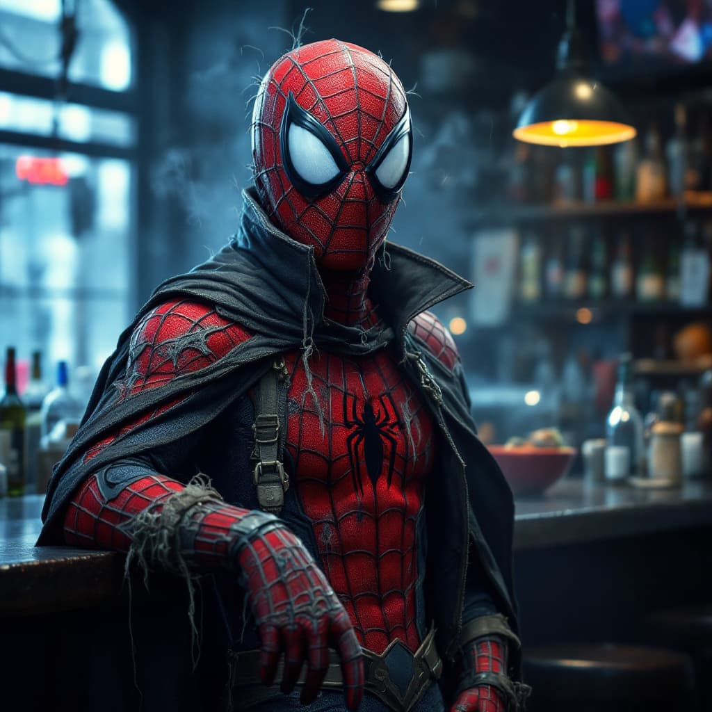AI generated: spiderman, costume scetchy, mold humid, drinking bar, scotch