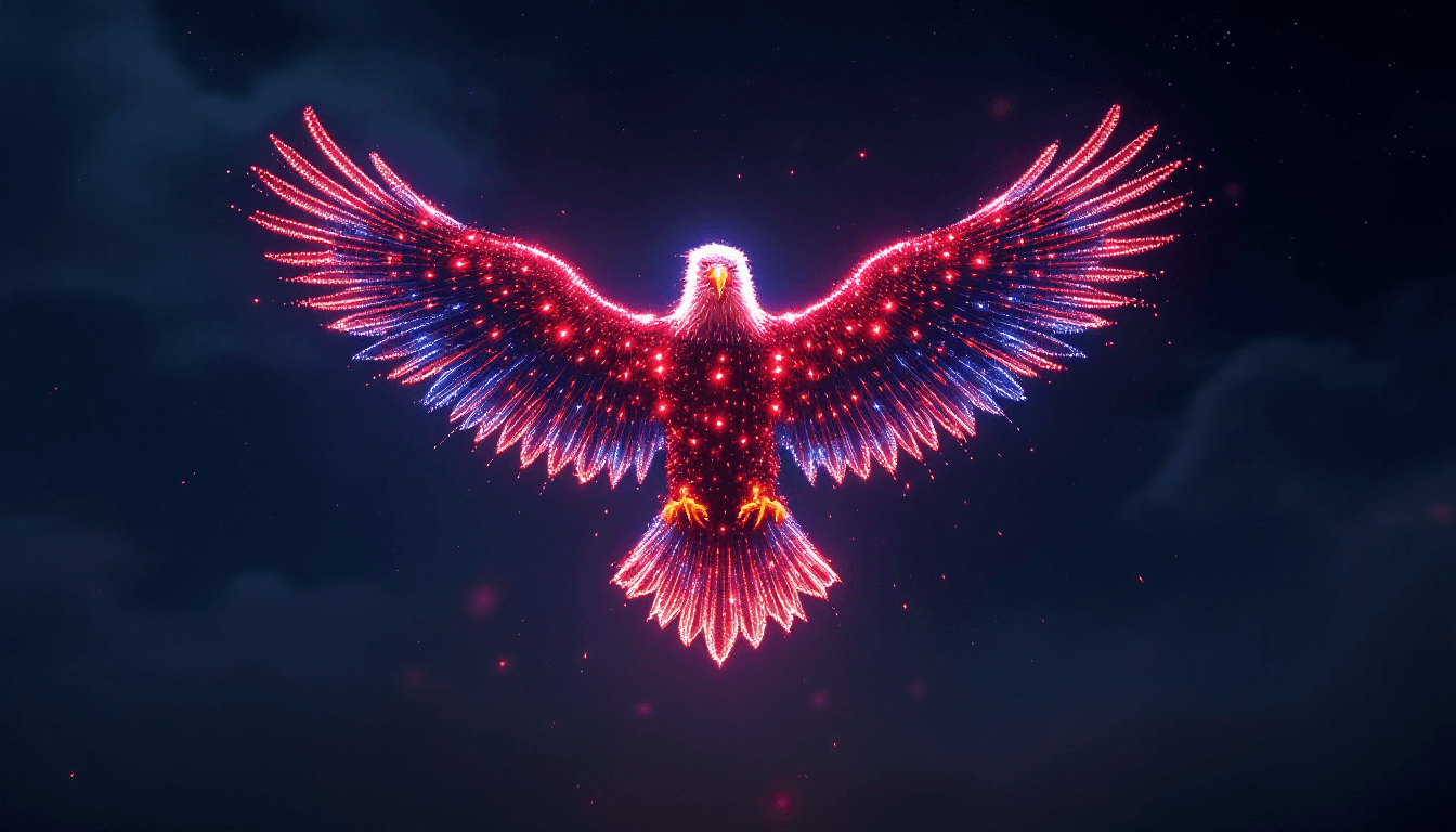 AI generated: 4K, photorealistic image of a 4th of July drone show with the drones in the formation of a huge bald...