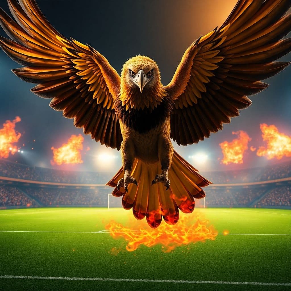 AI generated: "A majestic Garuda eagle soaring proudly above a soccer field, captured in a dynamic pose with its w...