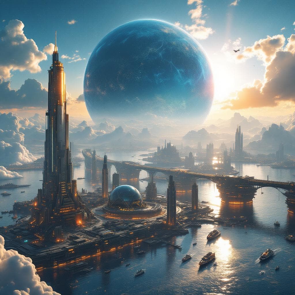 AI generated: Planet Auroraxi, heart of the Genesis Verge. A luminous super-city spread across silver oceans and f...