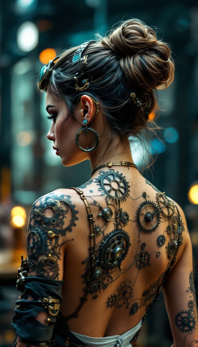 AI generated: Super detailed 8K Low-angle shot full-body portrait of a captivating female steampunk inventor, back...