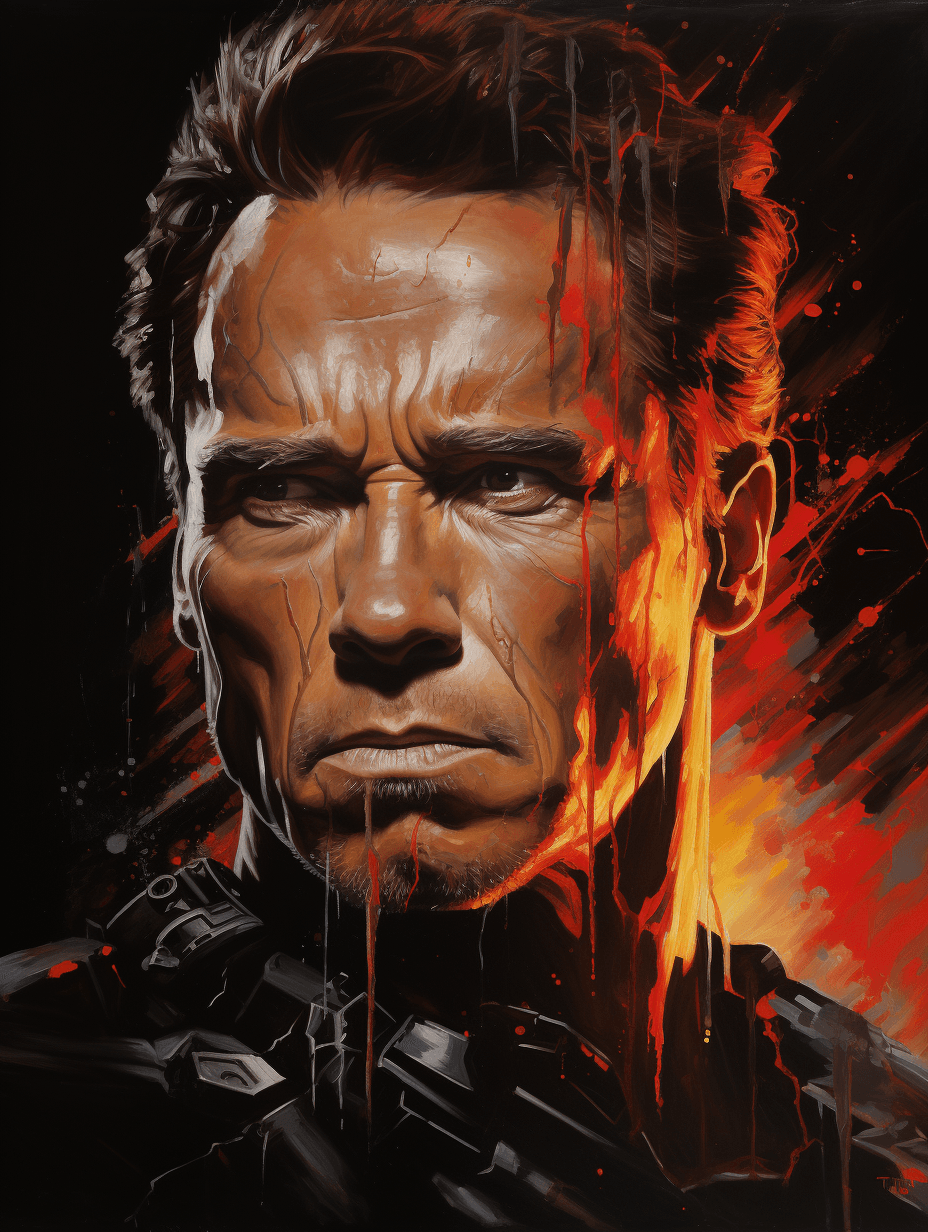 AI generated: Arnold Schwarzenegger as a terminator, drawn with oil paint on canvas, high details, masterpiece, 4K...