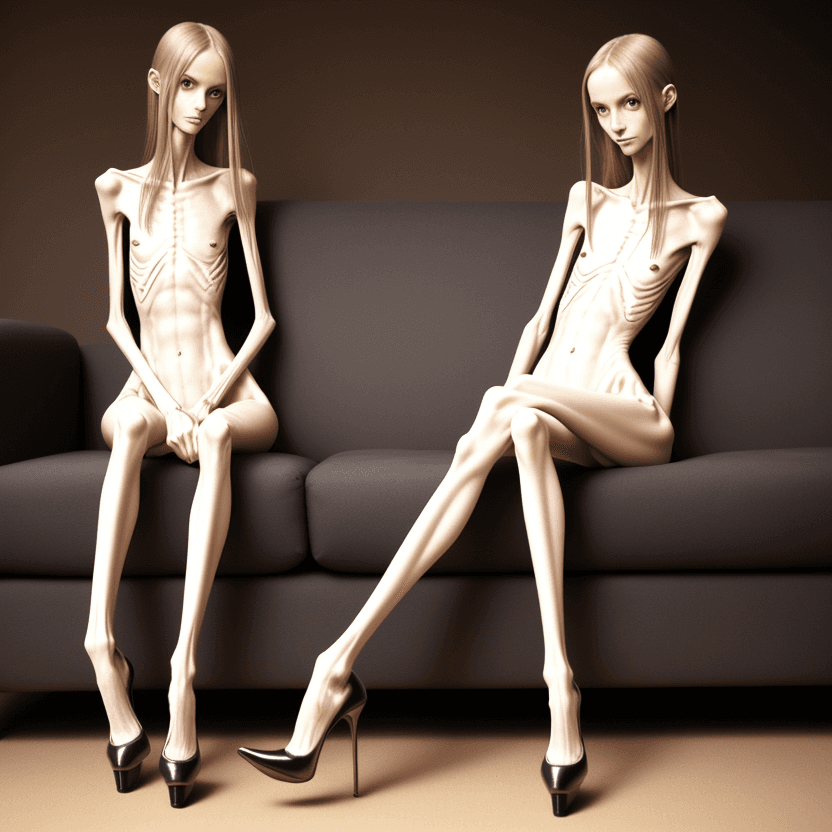 AI generated: naked girl  very skinny anorexic legs with anorexic calves  in high heels, high heels, the tips of t...