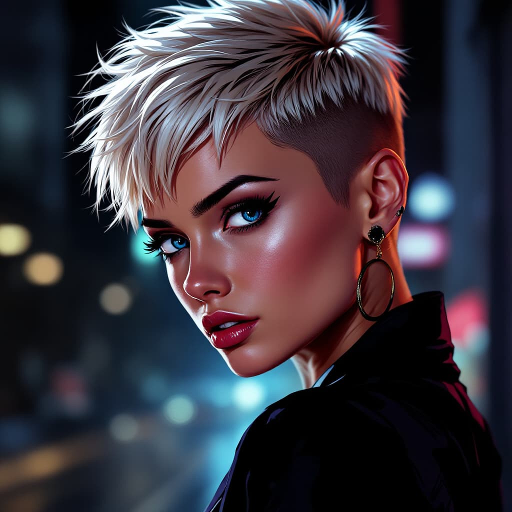 AI generated: woman, young, platinum blonde pixie cut, blue eyes, black eyeliner, in the style of a Grand Theft Au...