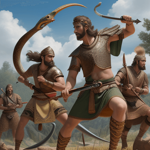 AI generated: Proto-Indo-European Perkwunos slaying a serpent, photo realistic, detailed